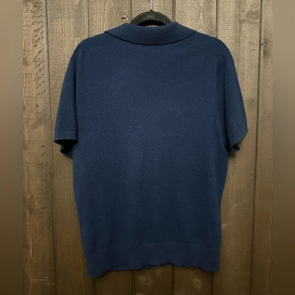 J.Crew 100% Cashmere Short Sleeve V-Neck Collar Sweater Polo Navy Men Sz LG EUC